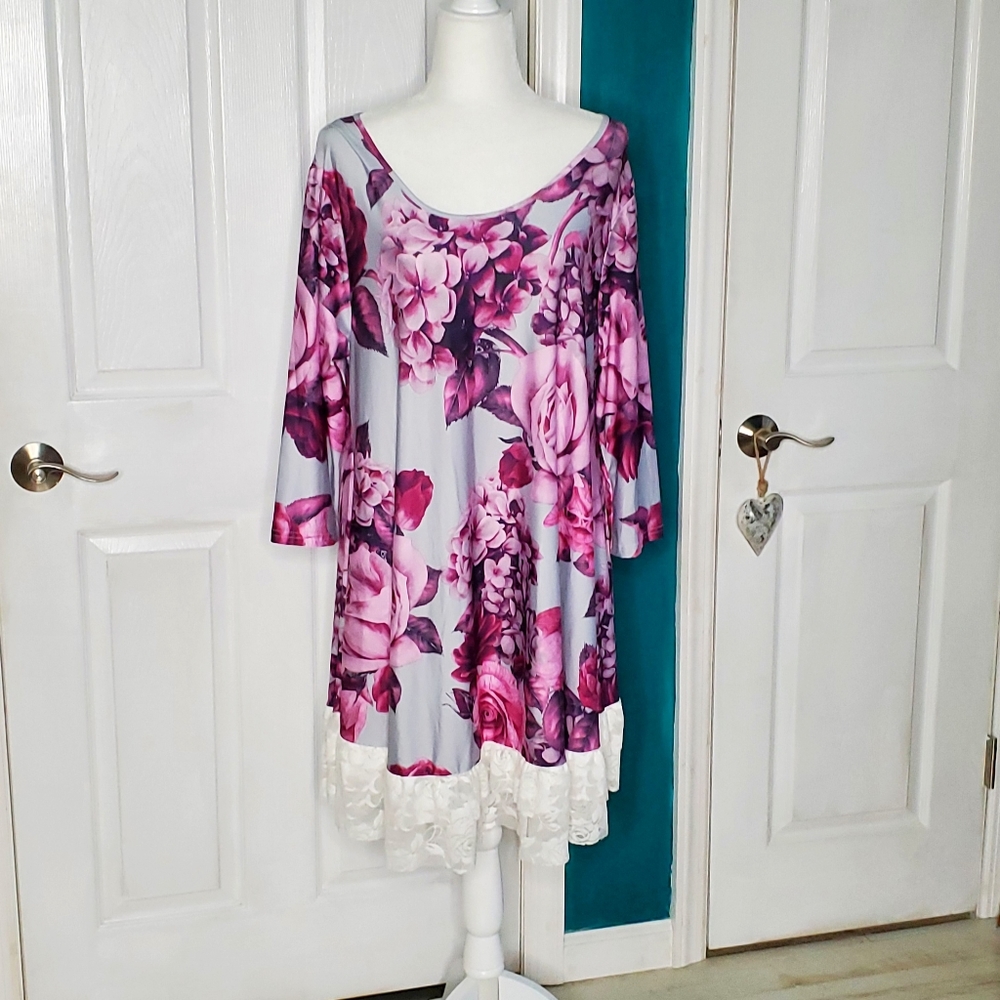 Simply Aster Floral Gray Pink Magenta Dress Large NWOT